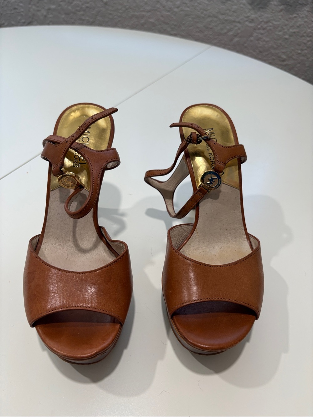 Michael Kors Tan Leather Open-Toe Platform Heels with Gold Logo